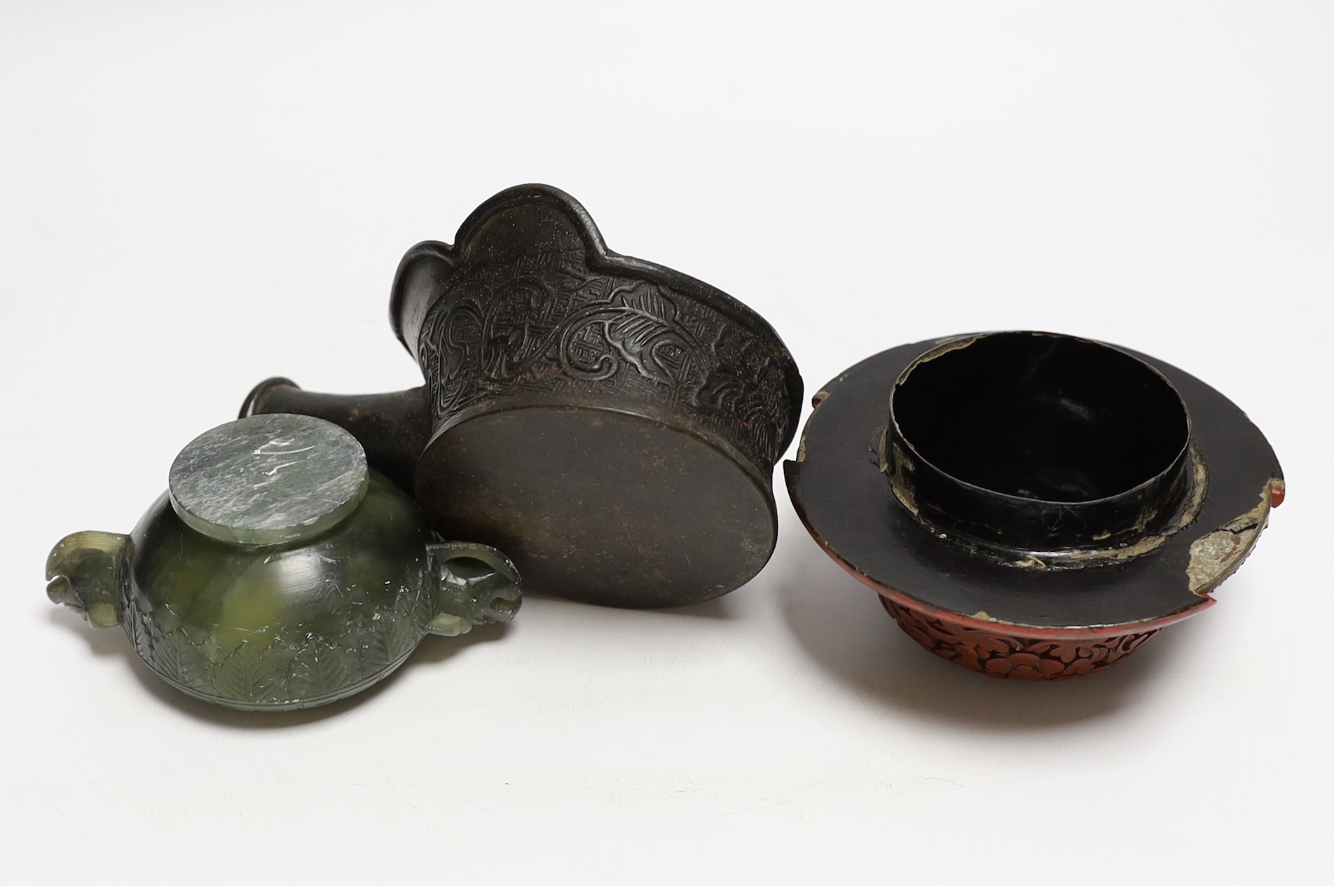 Three Chinese items including cinnabar lacquer lid and twin handled censer, largest 16cm wide